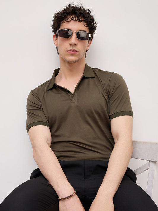 Plush Olive Honeycomb Polo Collar Knit T-Shirt