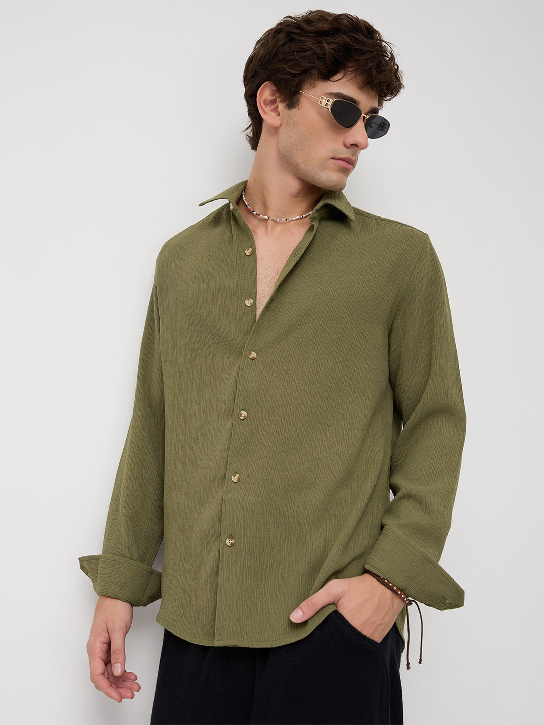 Crushed Olive Textured Crepe Shirt