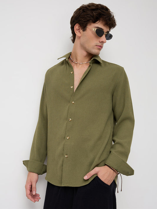 Crushed Olive Textured Crepe Shirt