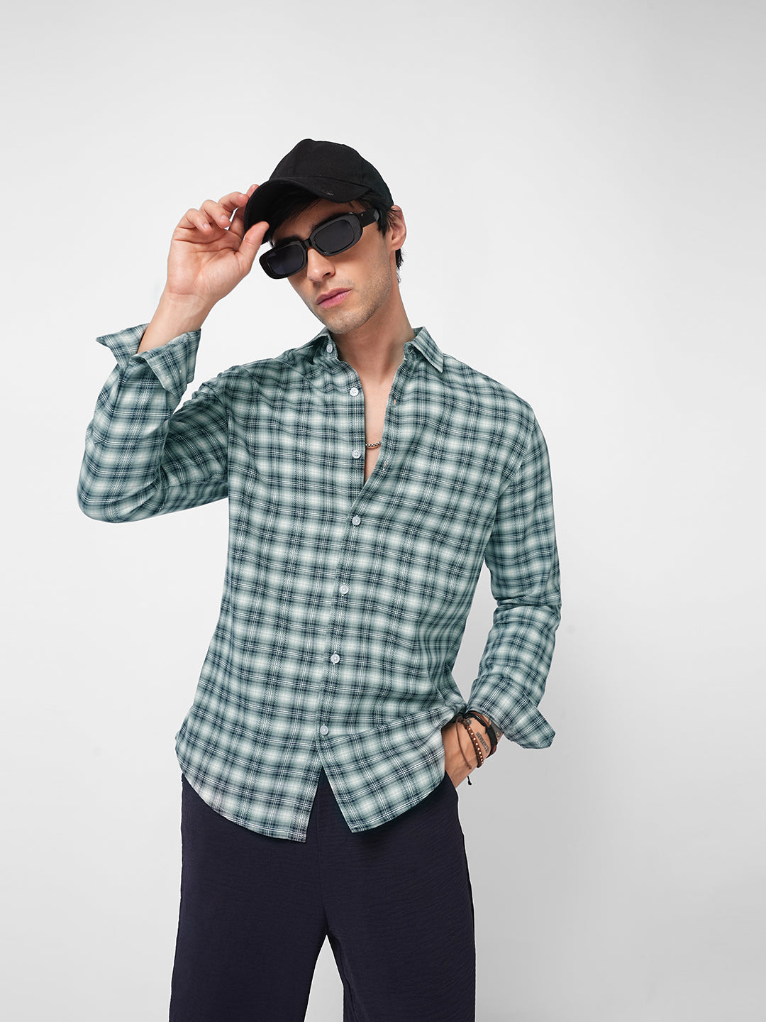 Green & Navy Refined Crossweave Checked Shirt