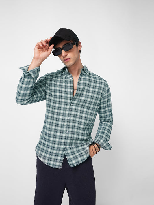 Green & Navy Refined Crossweave Checked Shirt