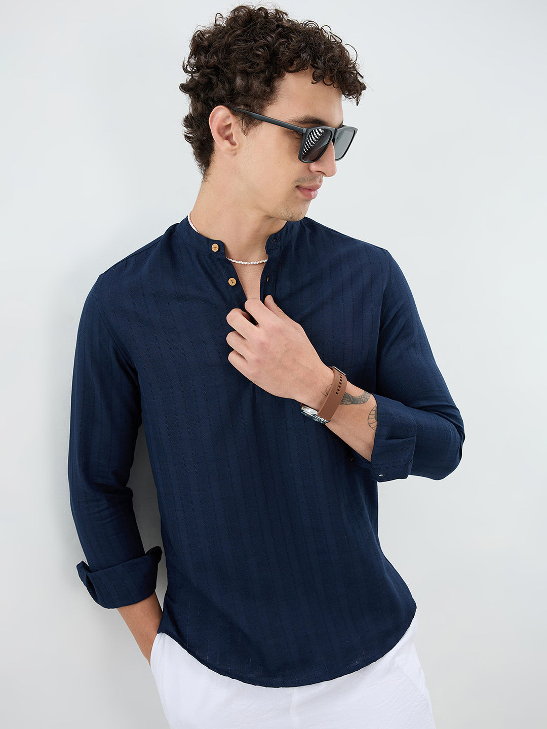 Navy Ladder Striped Subtle Textured Kurta