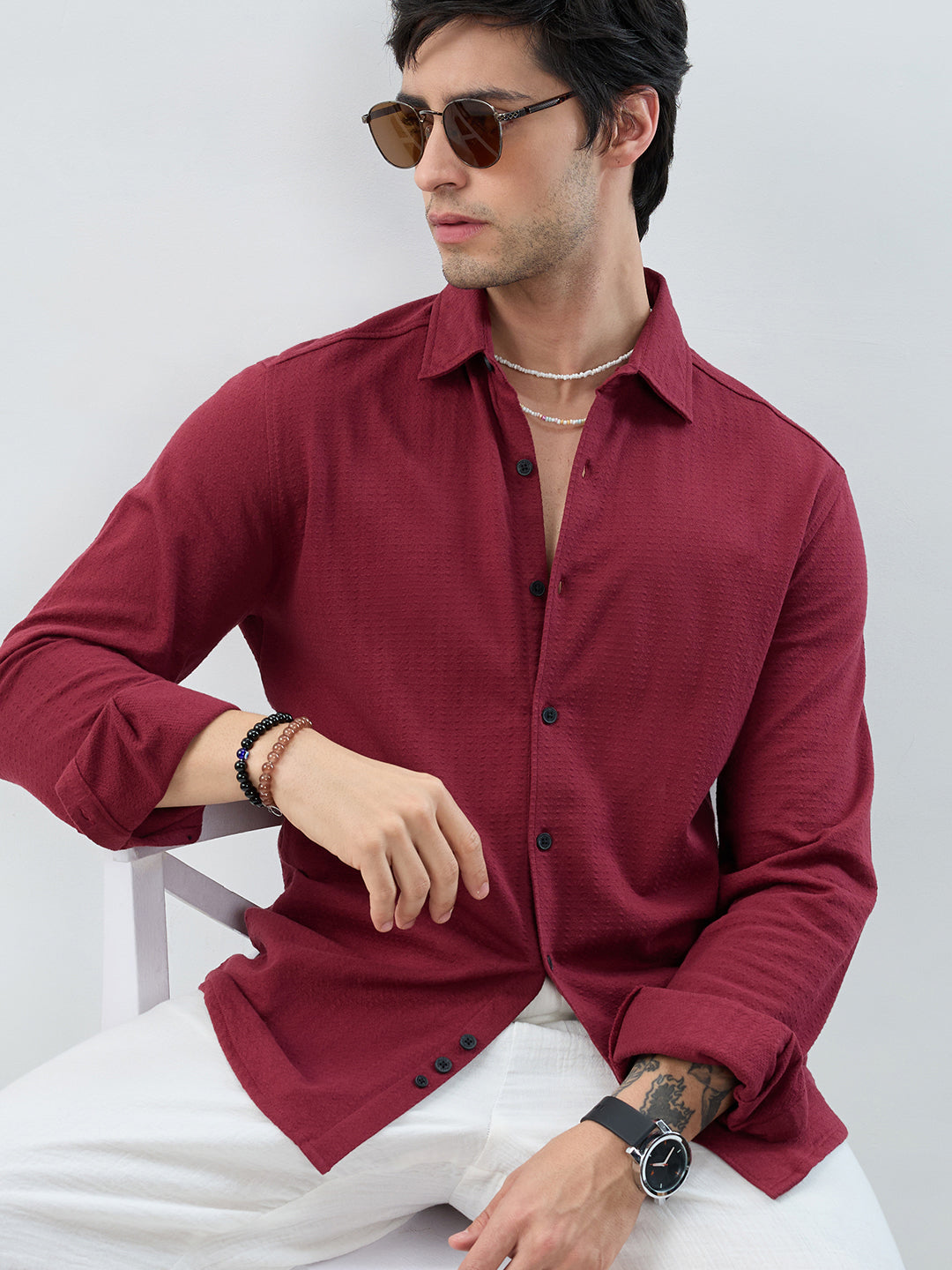 Berry Red Subtle Textured Knit Shirt