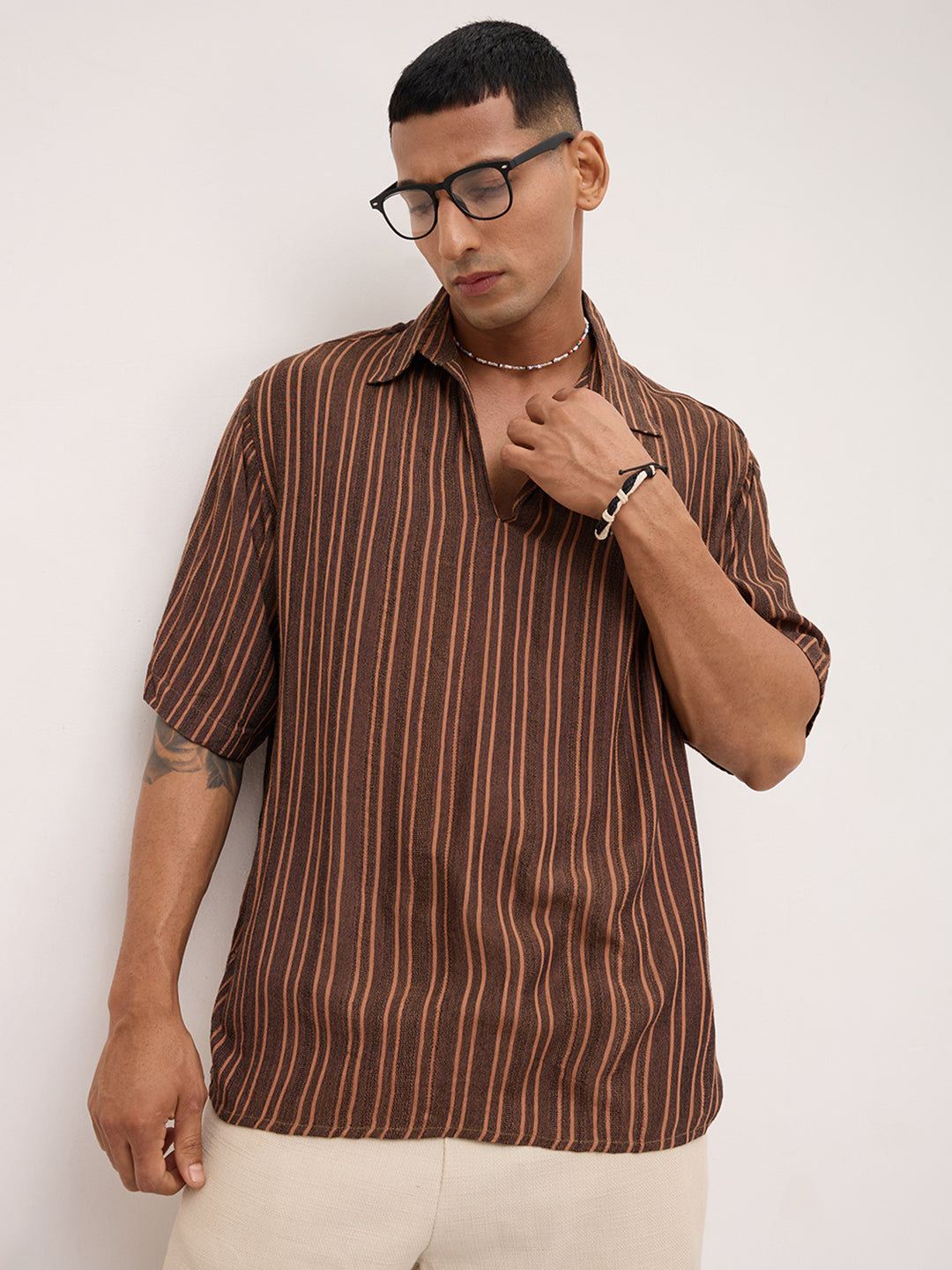 Brown Dobby Striped Oversized Polo Shirt