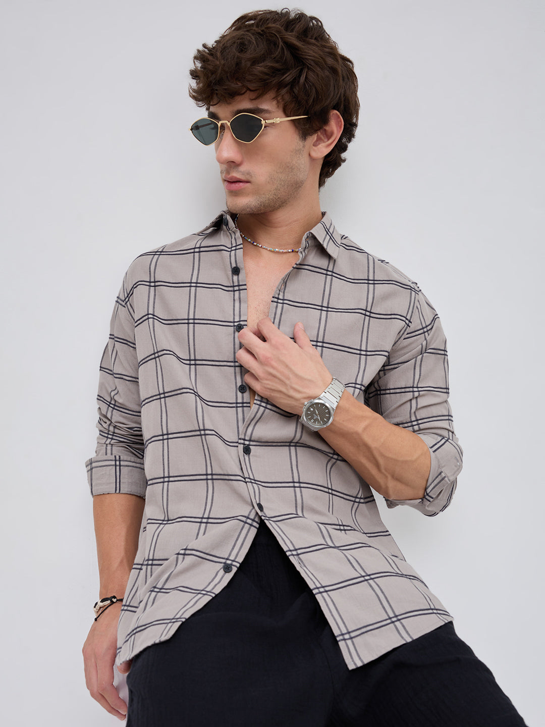 Grey Dimensional Contrast Windowpane Checks Shirt