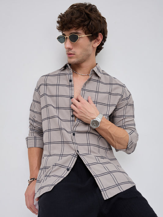 Grey Dimensional Contrast Windowpane Checks Shirt