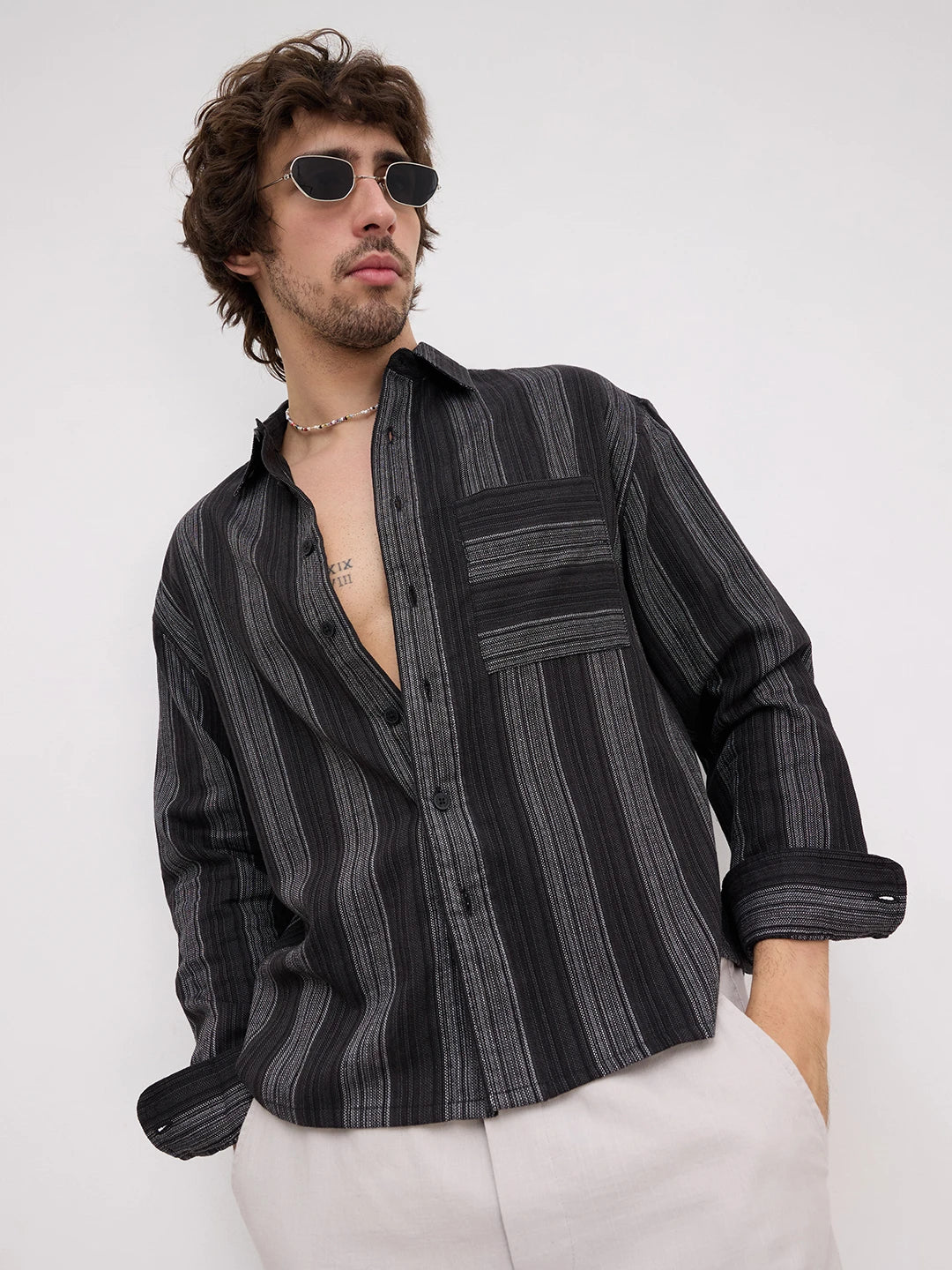 Black Metallic Microline Vertical Loom Boxy Fit Crop Shirt