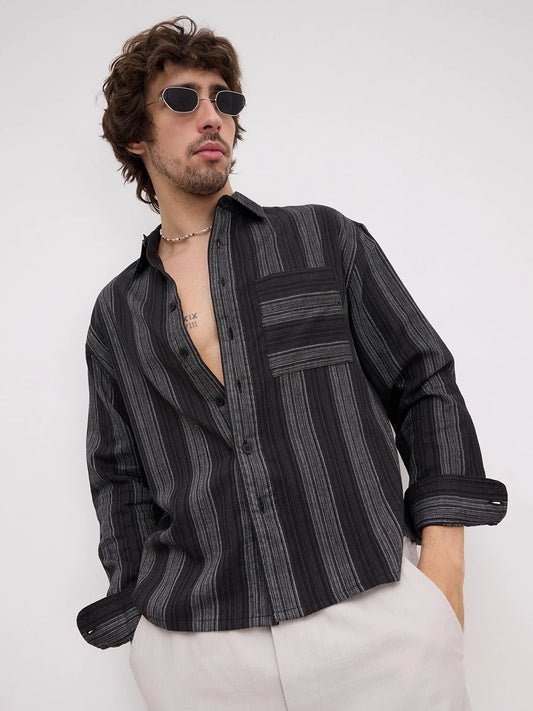 Black Metallic Microline Vertical Loom Boxy Fit Crop Shirt