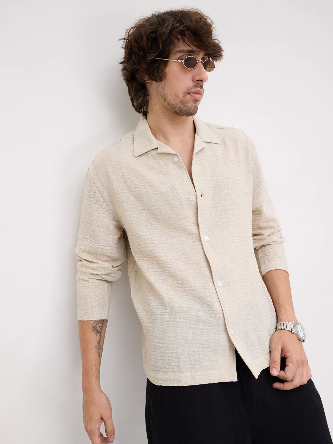 Warm Beige Crinkled  Notch Collar Oversized Shirt