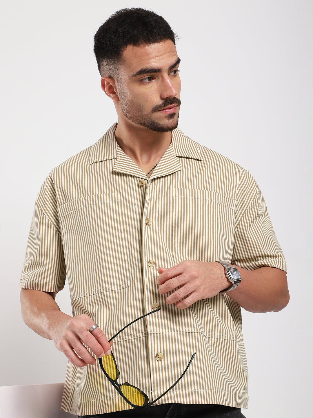 Walnut Brown Pinstripe Oversized Twin Pocket Crop Shirt