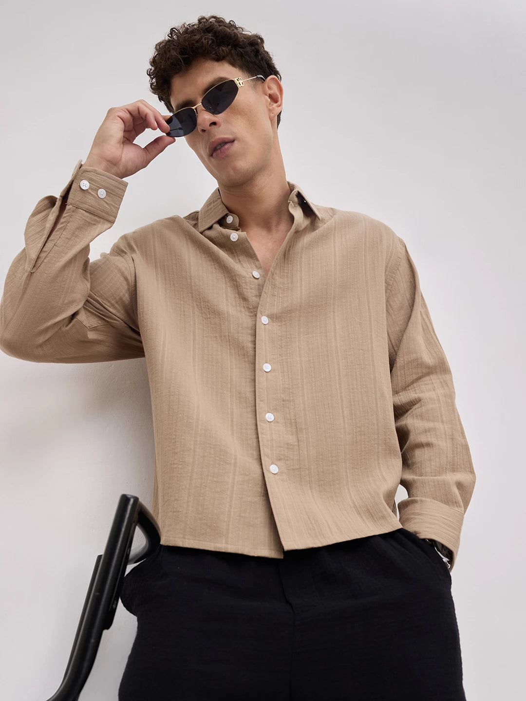 Warm Tan Double Cloth Seersucker Striped Boxy Fit Crop Shirt