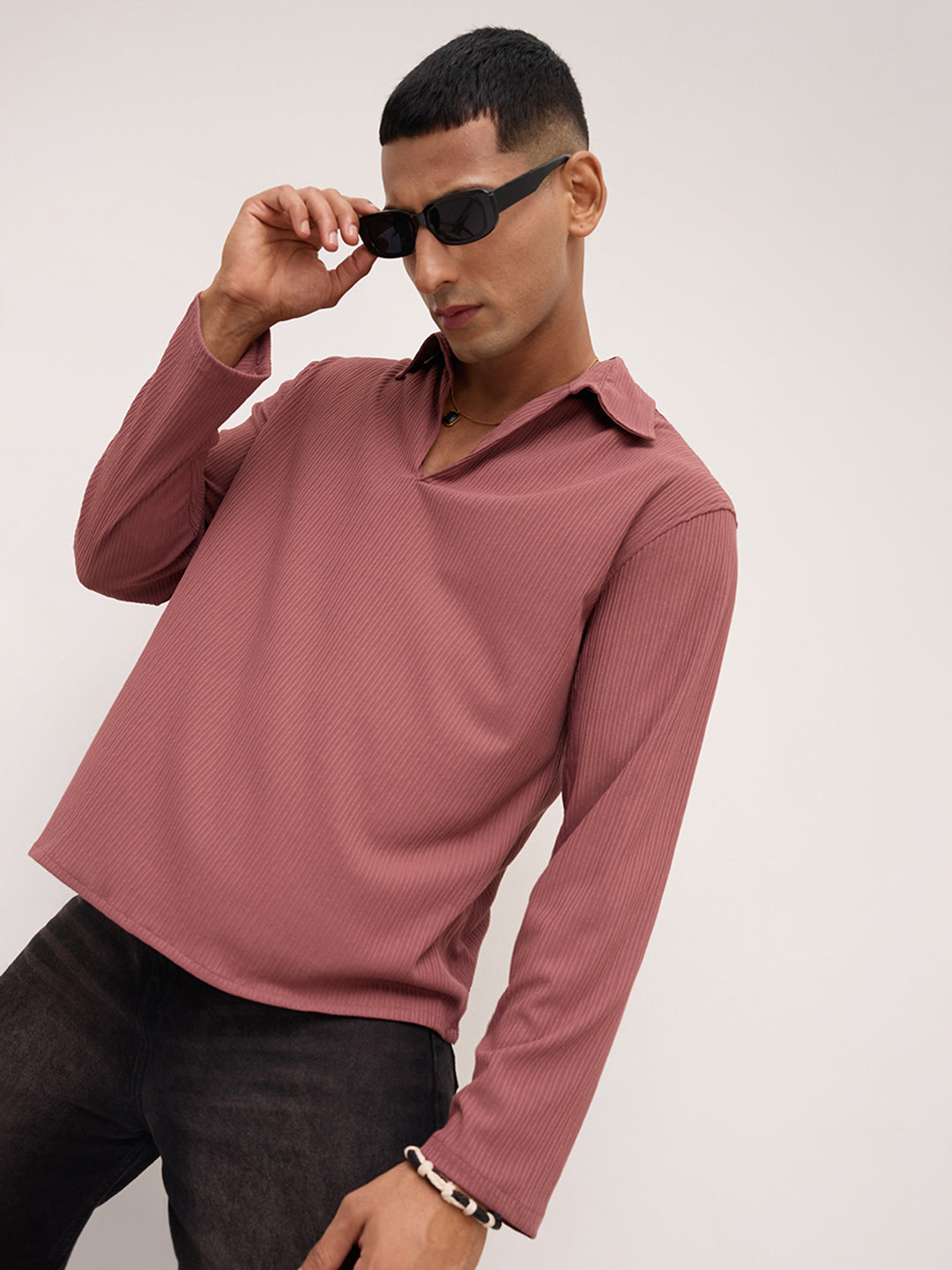 Cordovan Maroon Striped Oversized Polo Knit Shirt