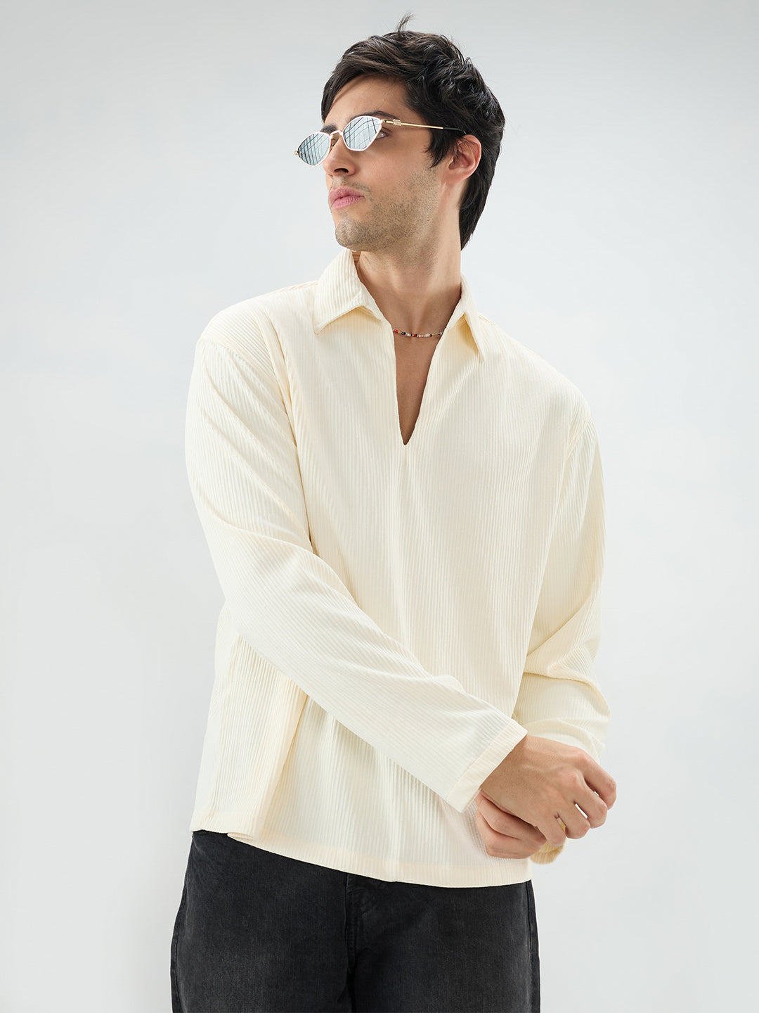 Pastel Cream Precision Rib Striped Oversized Polo Knitted Shirt