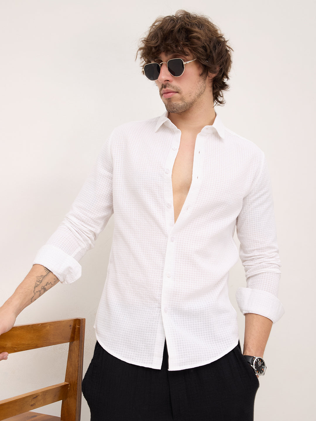 Sheer White Mini Square Checks Textured Vacation Shirt