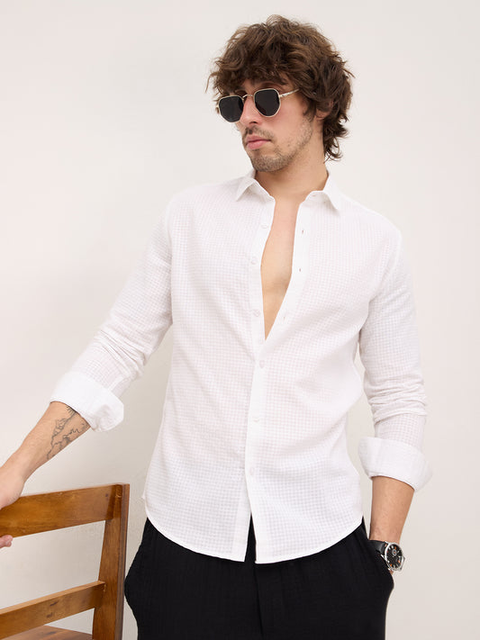 Sheer White Mini Square Checks Textured Vacation Shirt