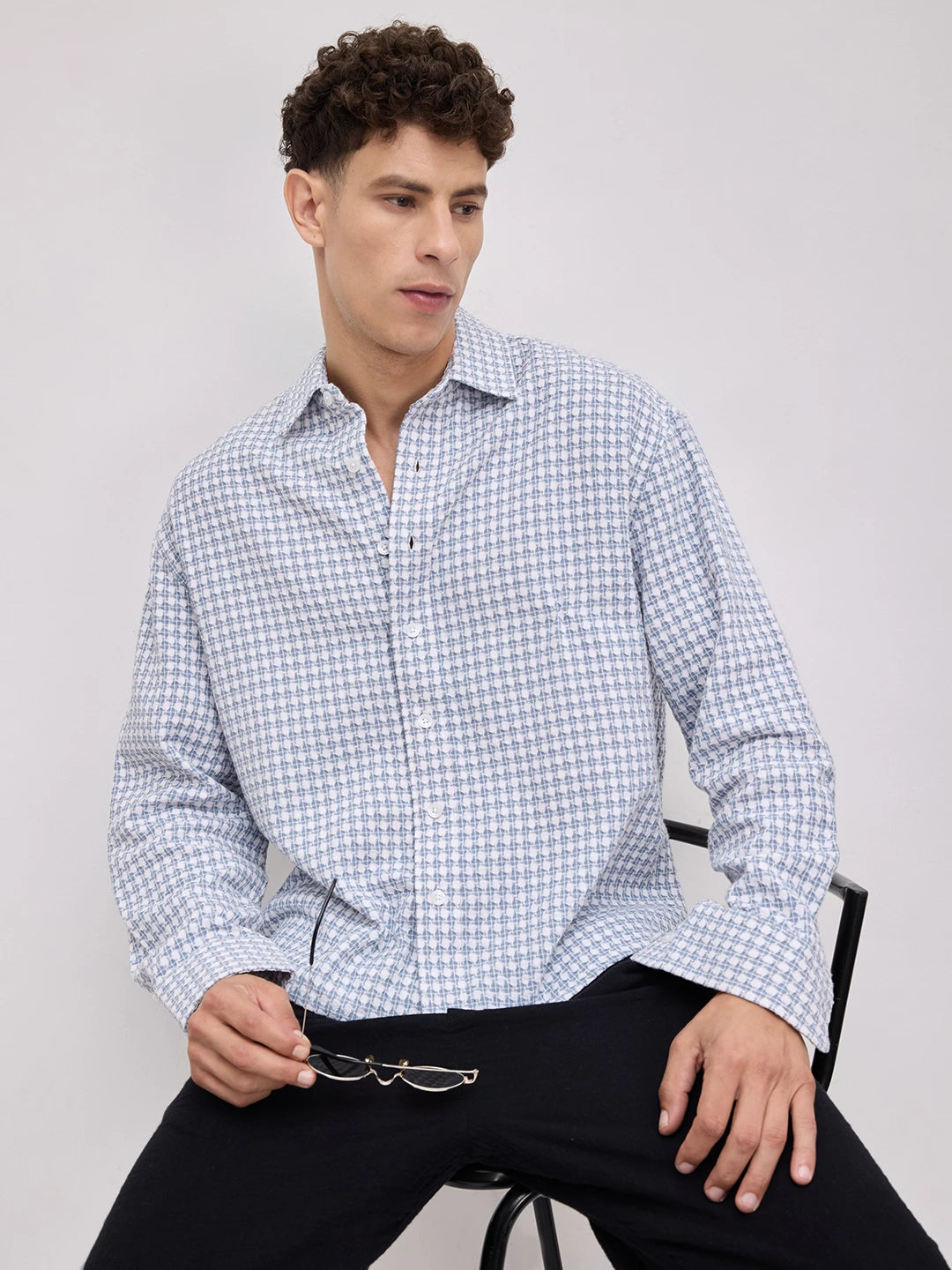 Slate Blue Mosaic Textured Boxy Fit Crop Shirt