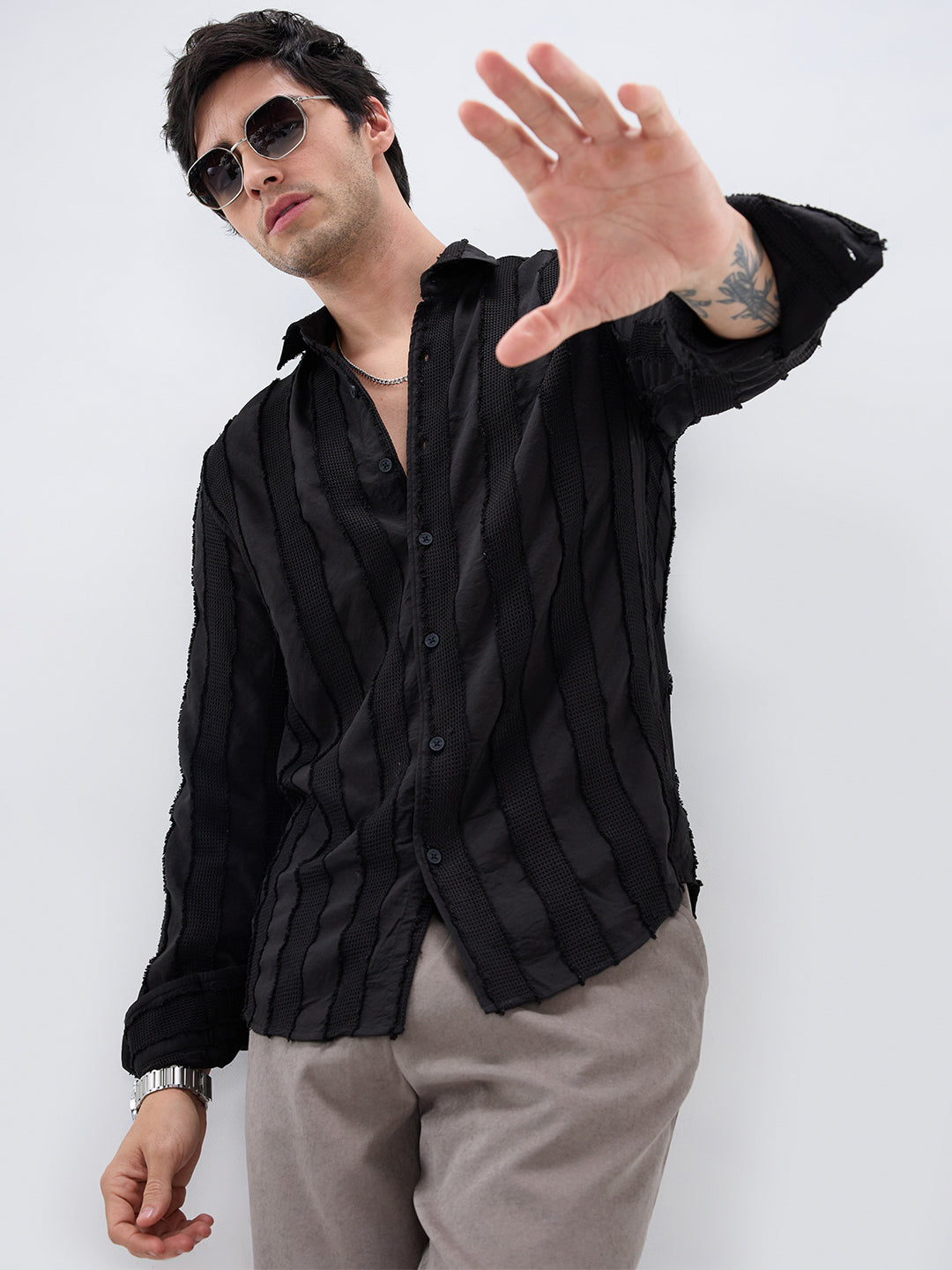Jet Black Frayed Panelled Waffle Textured Shirt