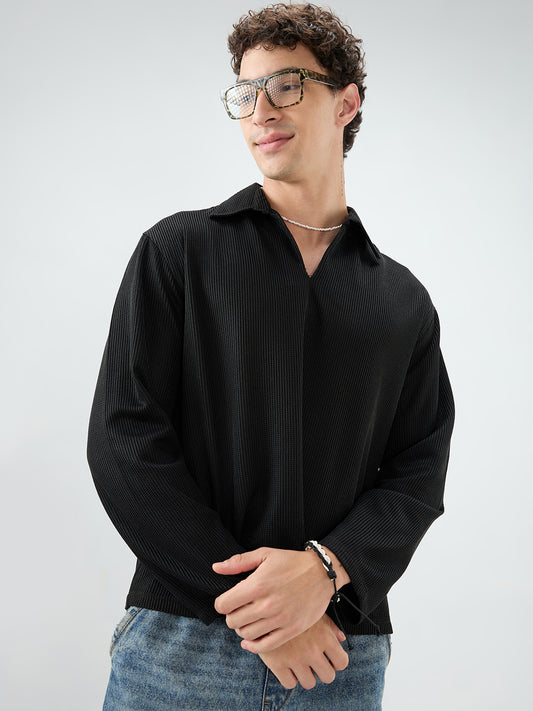 Black Refined Textured Knitted Oversized Polo Shirt