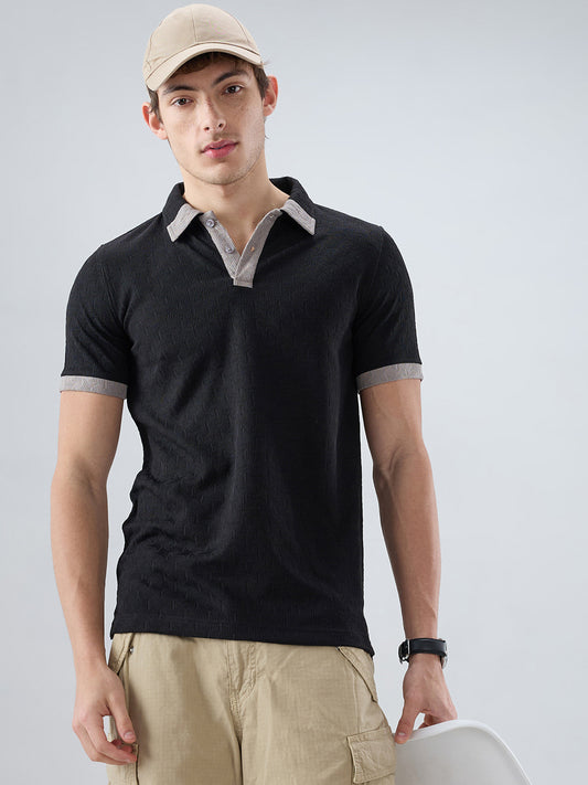 Rich Black Textured Contrast Polo Neck Knit T-shirt