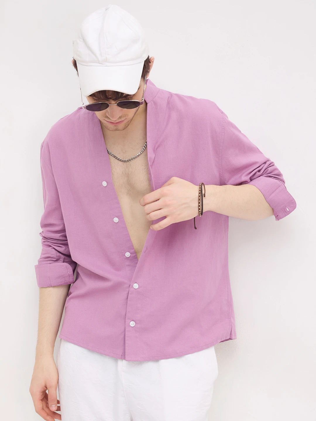 Rich Lilac Linen Blend Stand Collar Oversized Shirt