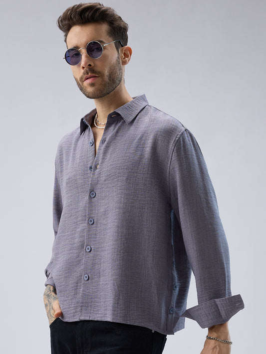 Pebble Grey Slub Textured Side-Slit Button Oversized Crop Shirt