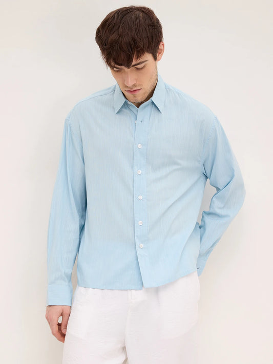 Arctic Blue Fine Textured Boxy Fit Crop Shirt