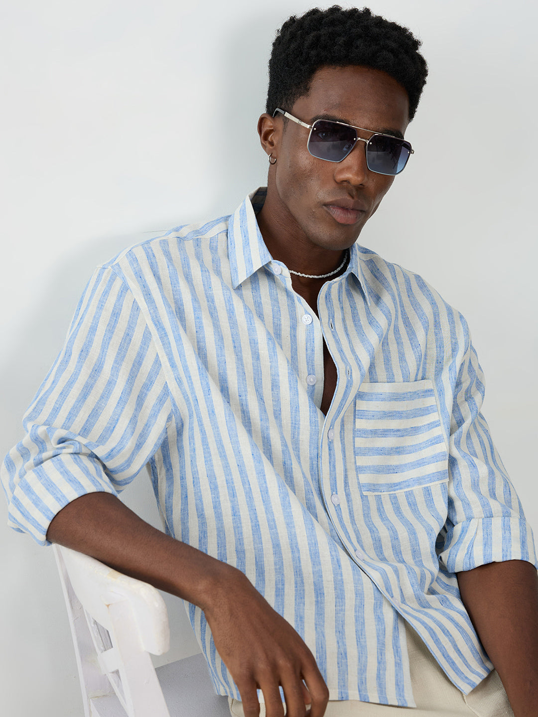 Blue & Off-White Striped Boxy Fit Crop Shirt