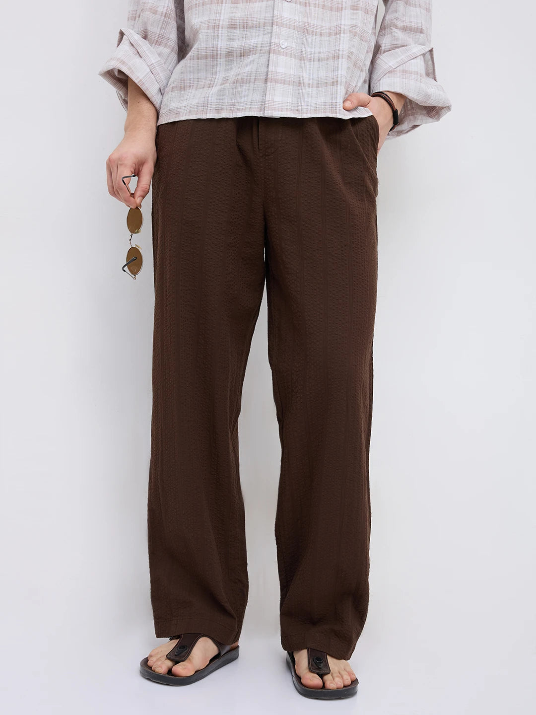 Luxe Brown Seersucker Striped Straight Fit Trousers