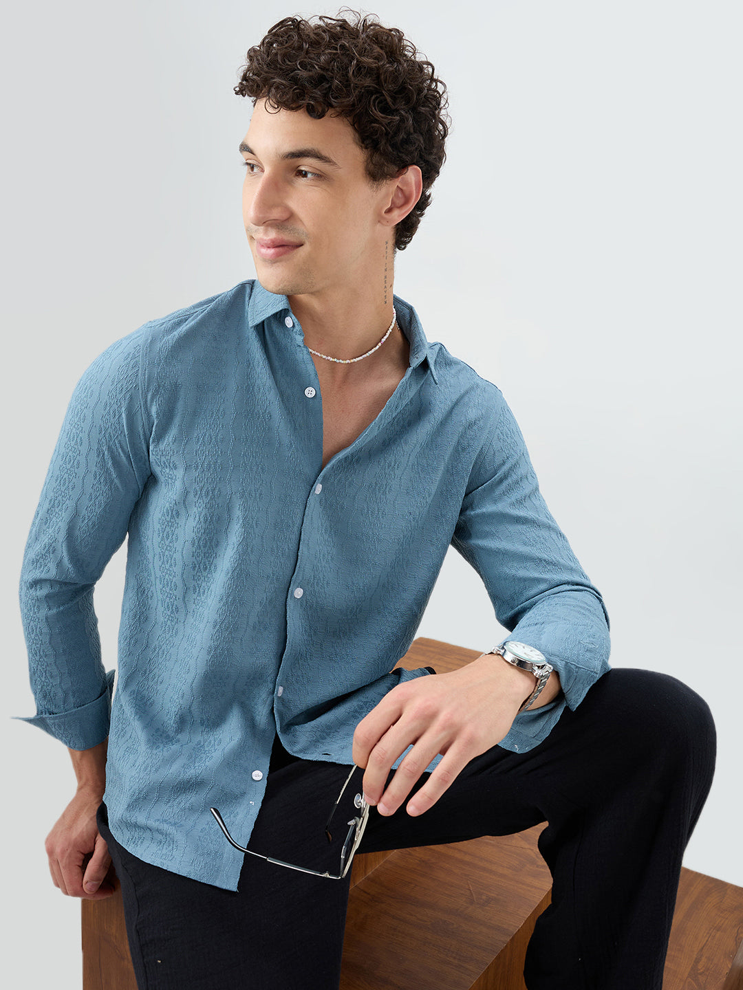 Ocean Teal Motif Raised Textured Crinkled Shirt
