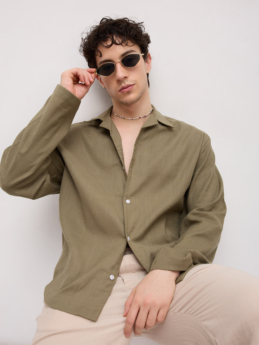 Olive Green Notch Collar Oversized Shirt