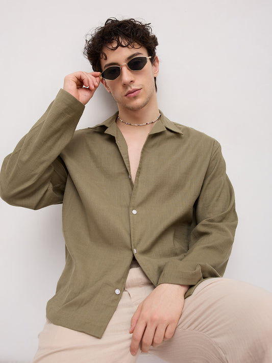 Olive Green Notch Collar Oversized Shirt
