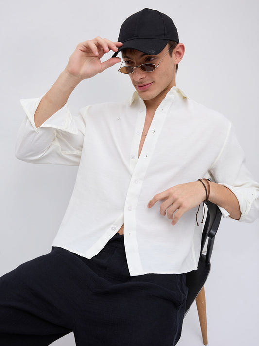 Pearl White Slub Crinkled Boxy Fit Crop Shirt