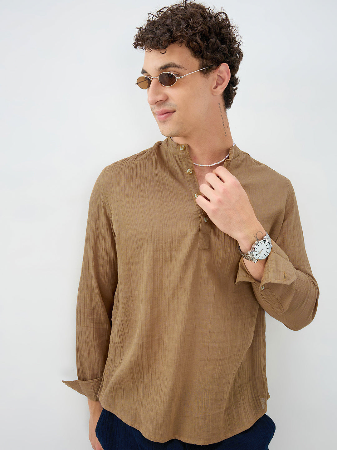 Sheer Khaki Linear Crepe Kurta