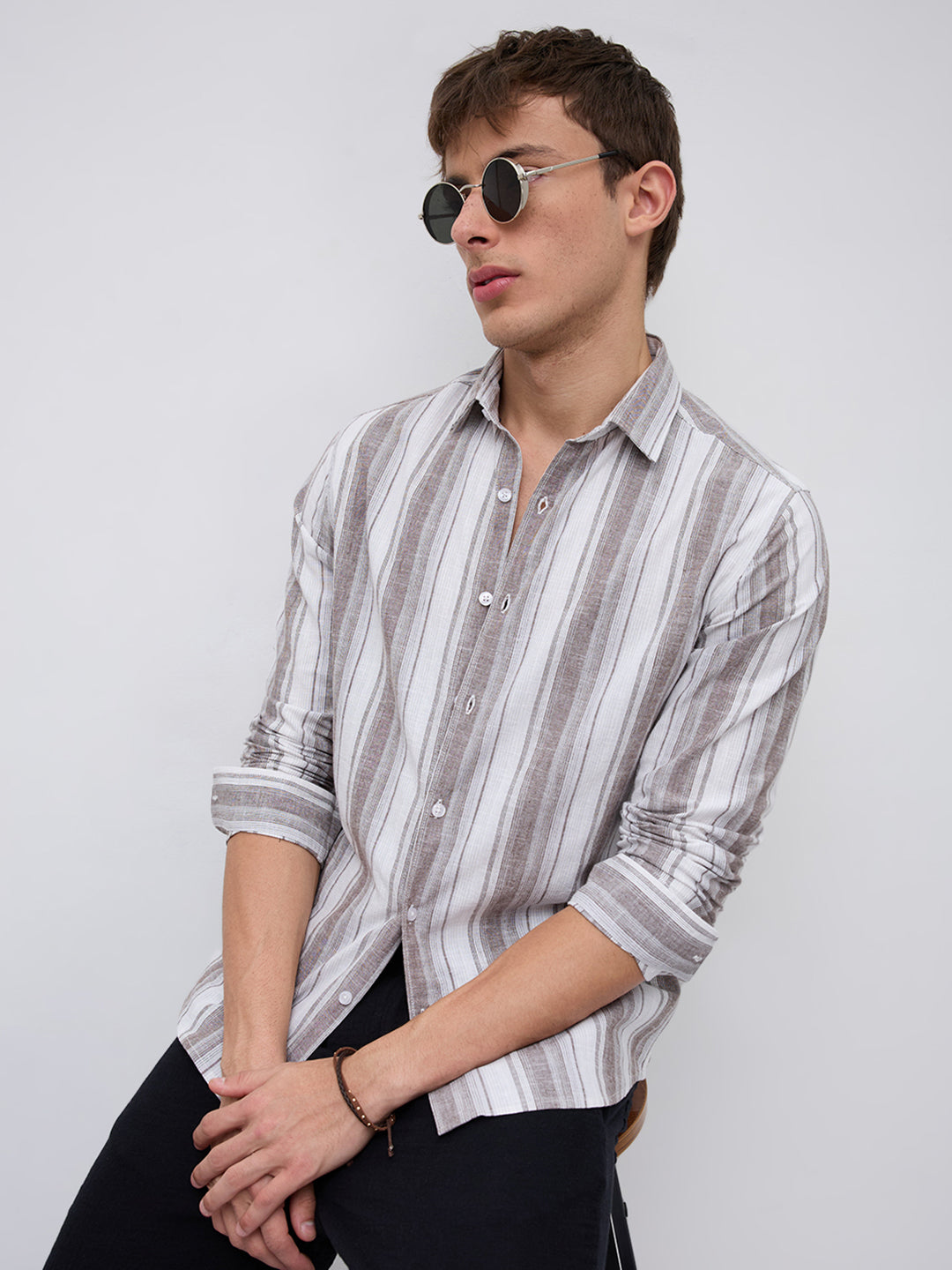 Saddle Brown & White Fine Striped Linen Blend Shirt