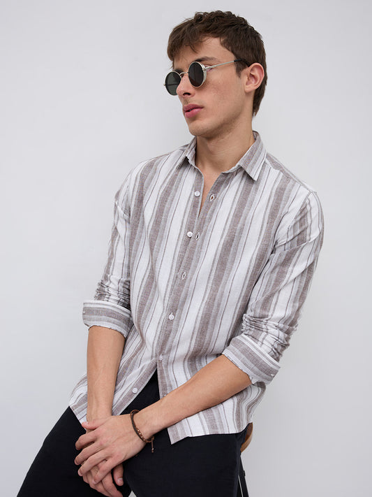 Saddle Brown & White Fine Striped Linen Blend Shirt