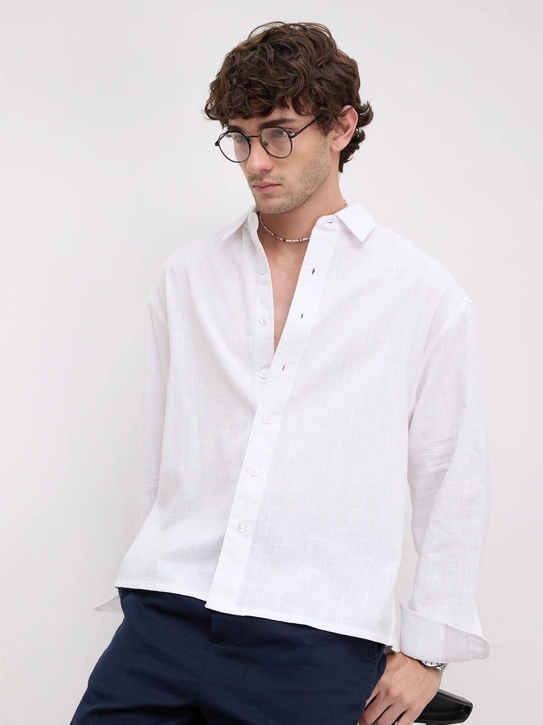 Sheer Snow White Micro Textured Boxy Fit Crop Shirt