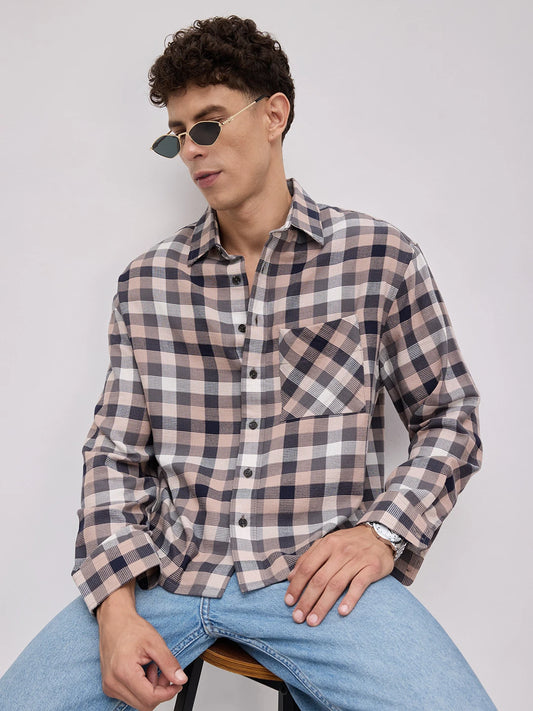 Vintage Multicolor Block Checks Boxy Fit Crop Shirt