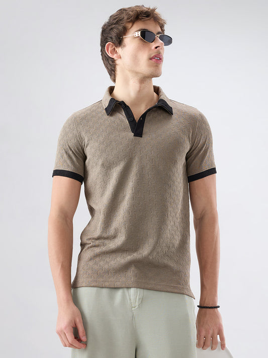 Taupe Textured Contrast Polo Neck Knit T-shirt