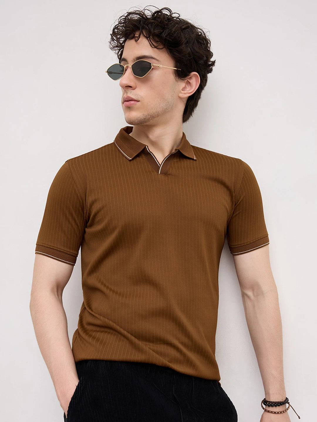 Chocolate Brown Striped Weave Polo Tee