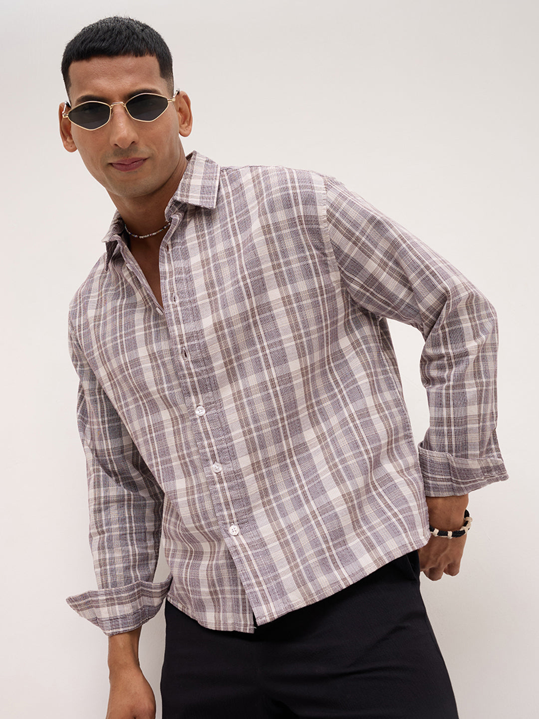 Ivory & Maroon Dual Line Checks Boxy Fit Crop Shirt