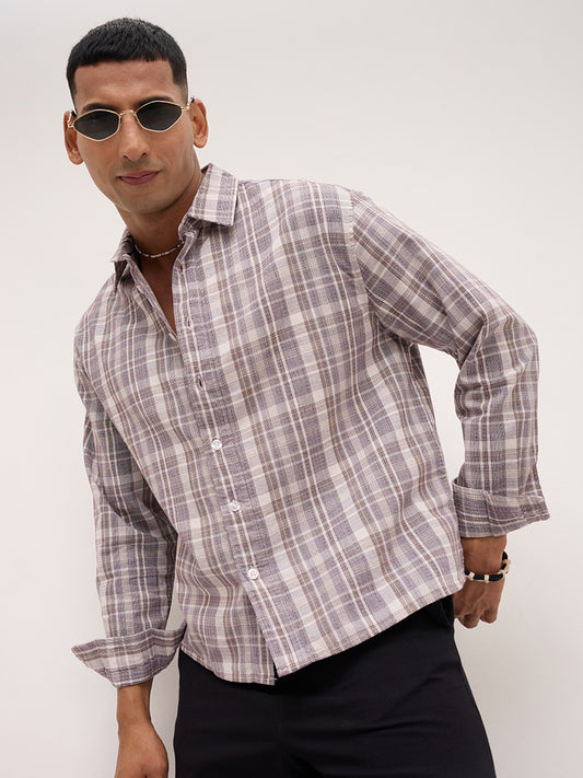 Ivory & Maroon Dual Line Checks Boxy Fit Crop Shirt