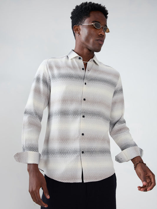 Grey Jacquard Wave Pattern Striped Shirt