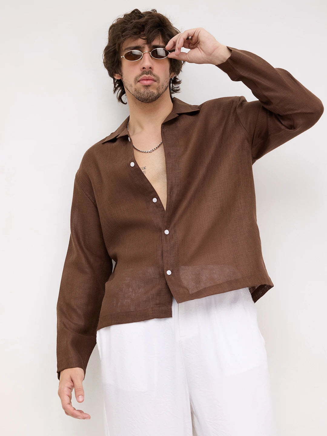 Coffee Brown Fine Textured Notch Collar Oversized Shirt