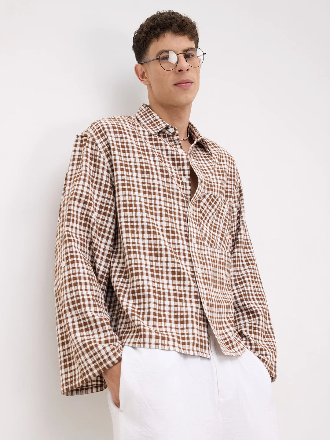 Rich Brown Crosshatch Checks Cuffless Oversized Crop Shirt