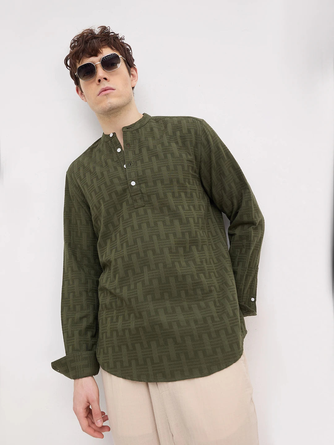 Elevated Olive Architectural Weave Kurta
