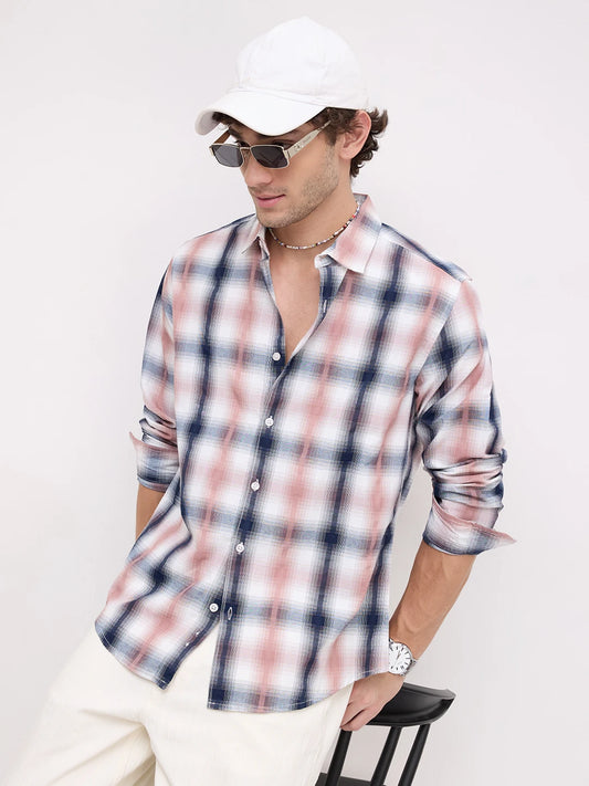 Premium Navy & Pink Textured Plaid Checks Shirt