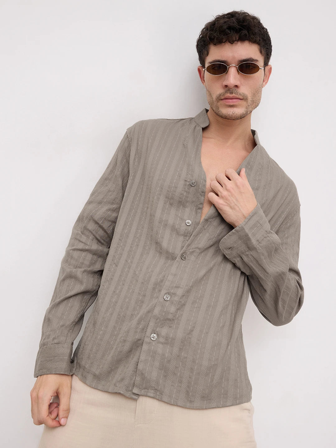 Detailed Olive Striped Stand Collar Oversized Shirt