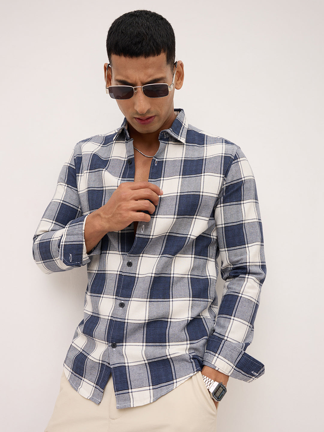 Navy & White Bold Frame Checks Shirt
