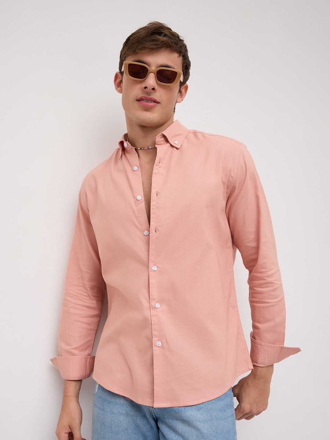 Pearl Pink Oxford Linen Blend Button-Down Collar Shirt