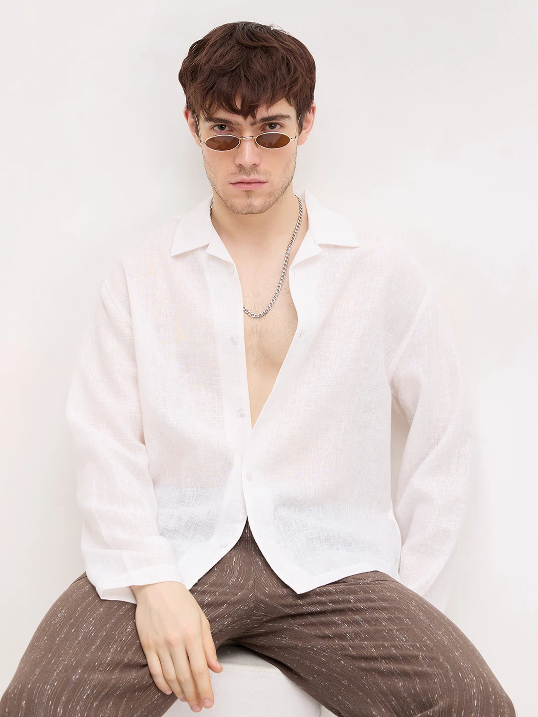 Off-White Sheer Textured Notch Collar Oversized Vacation Shirt